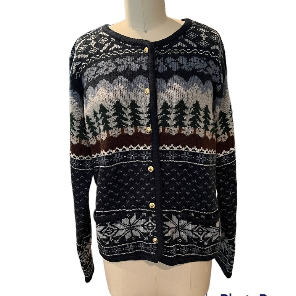 Vintage Nordic Trees Alpine Ski Christmas Cardigan Sweater Small EUC
